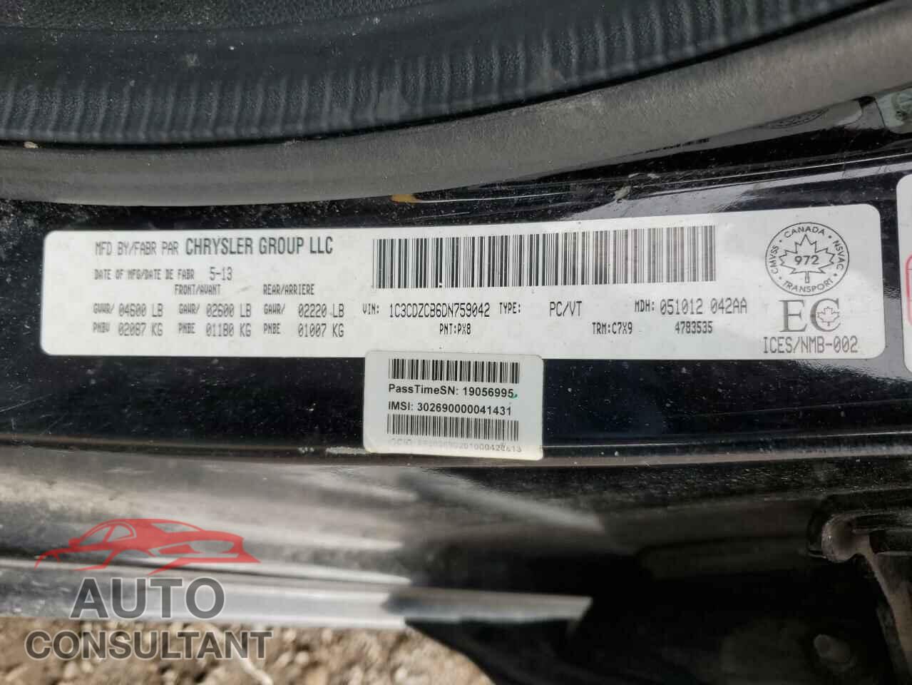 DODGE AVENGER 2013 - 1C3CDZCB6DN759042