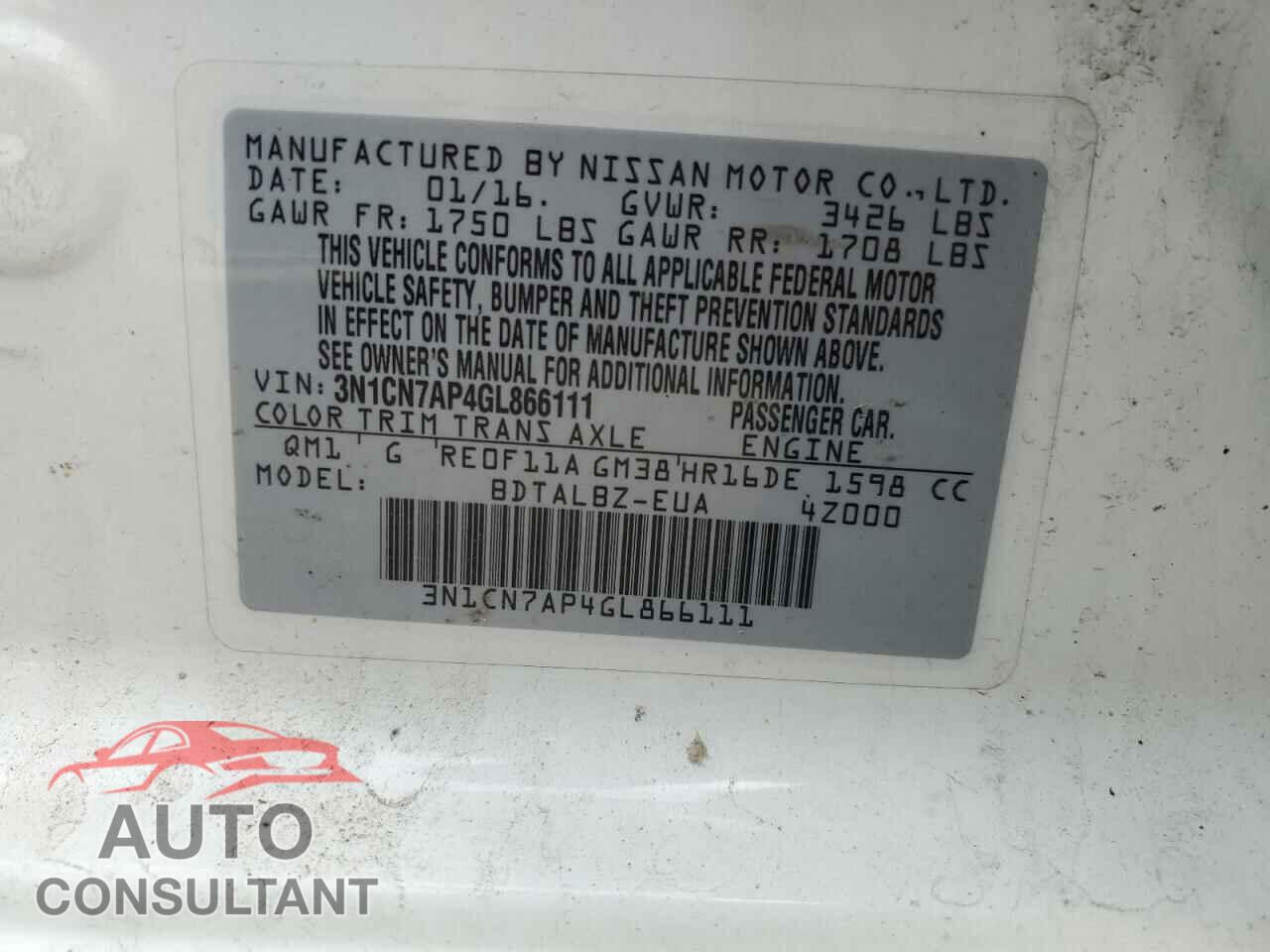 NISSAN VERSA 2016 - 3N1CN7AP4GL866111