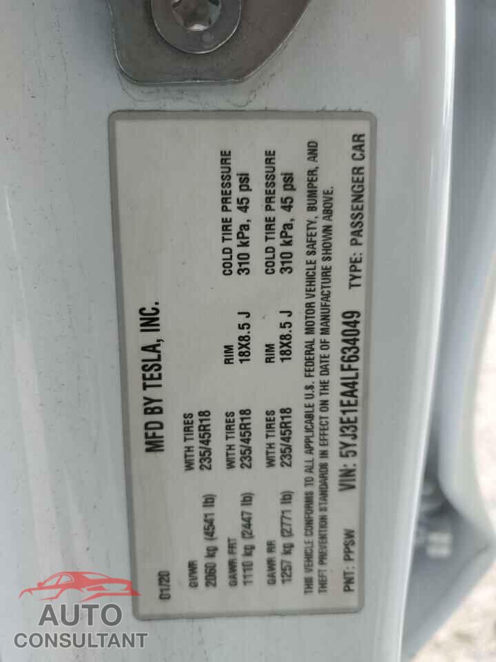 TESLA MODEL 3 2020 - 5YJ3E1EA4LF634049