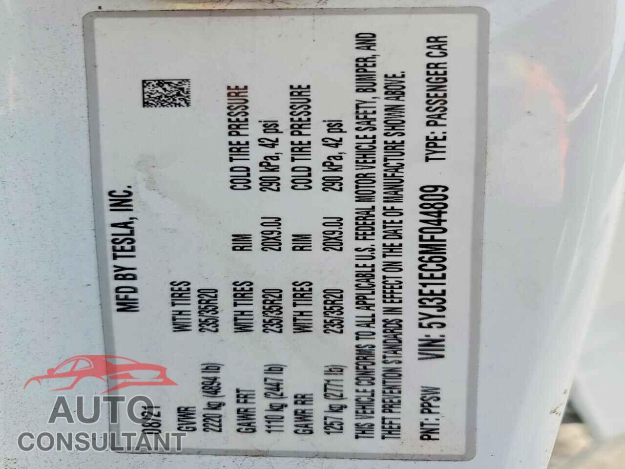 TESLA MODEL 3 2021 - 5YJ3E1EC6MF044809
