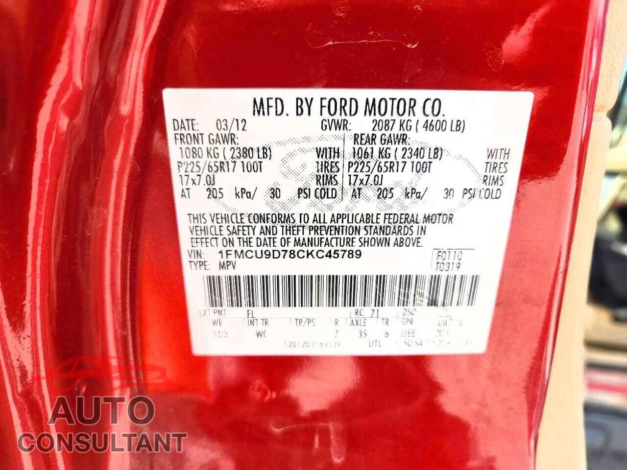 FORD ESCAPE 2012 - 1FMCU9D78CKC45789