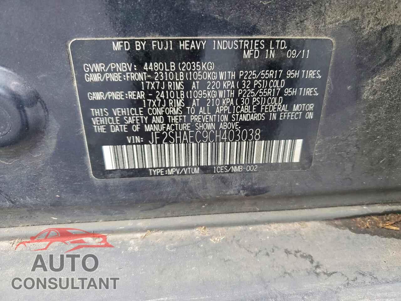 SUBARU FORESTER 2012 - JF2SHAEC9CH403038
