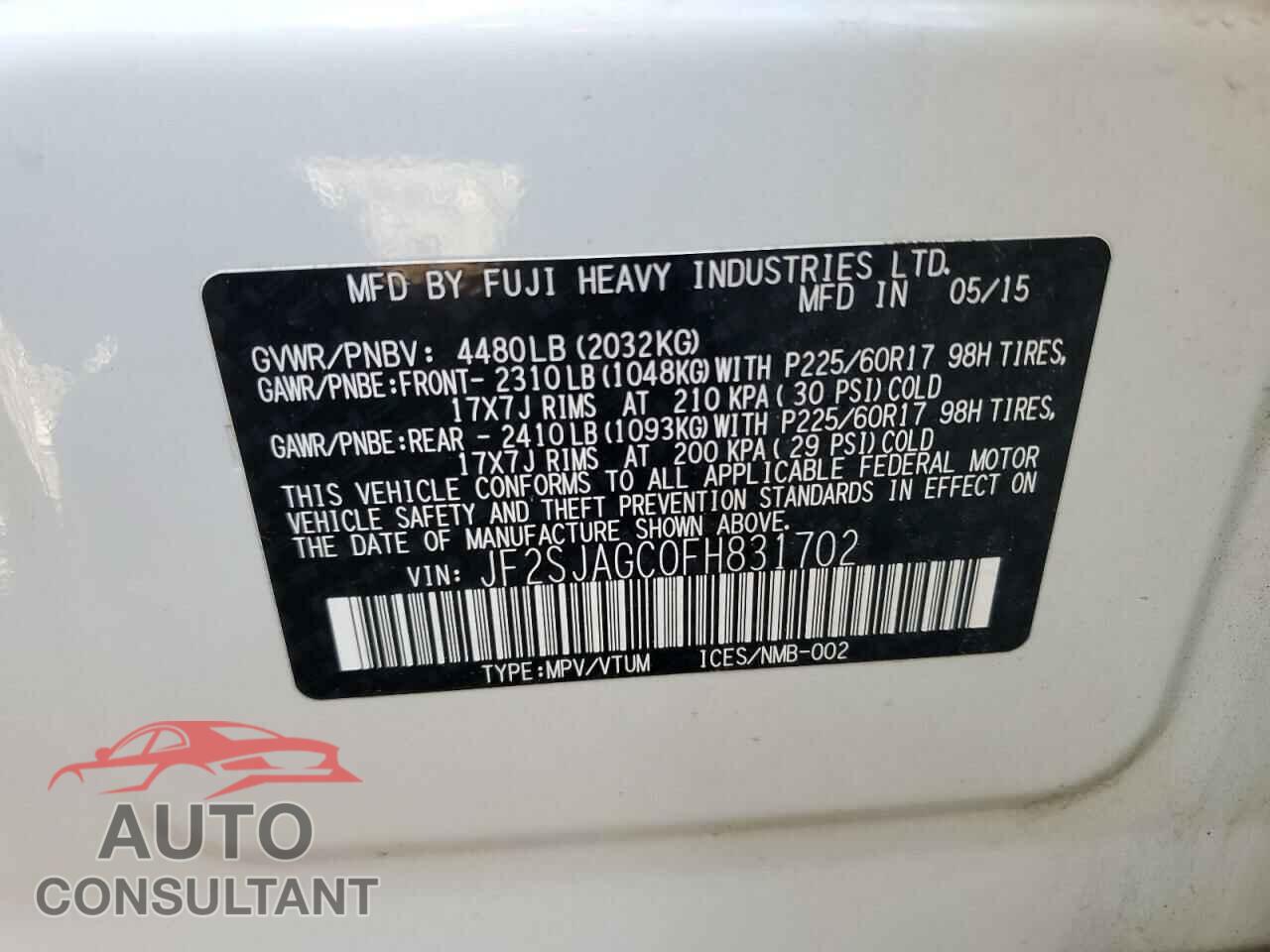 SUBARU FORESTER 2015 - JF2SJAGC0FH831702