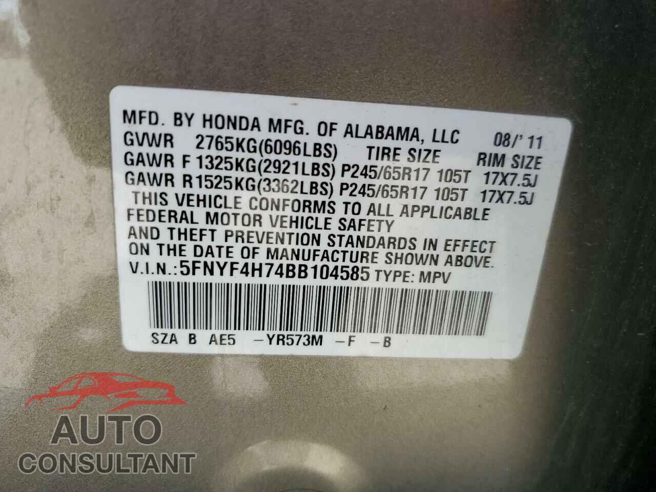 HONDA PILOT 2011 - 5FNYF4H74BB104585