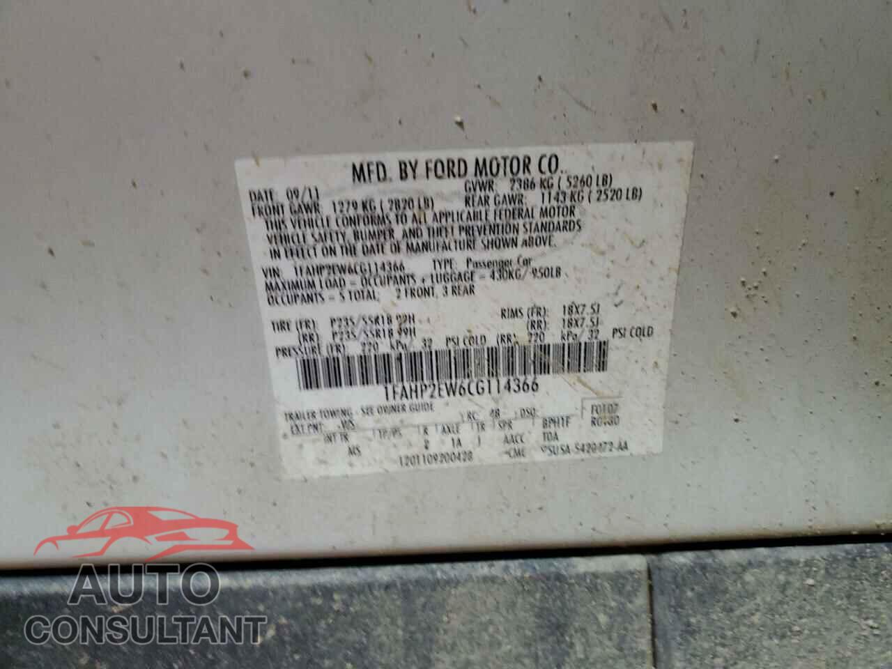 FORD TAURUS 2012 - 1FAHP2EW6CG114366