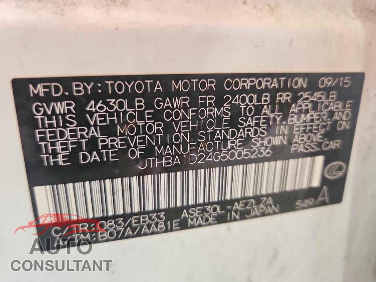 LEXUS IS 2016 - JTHBA1D24G5005236