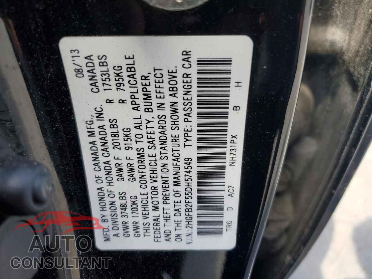 HONDA CIVIC 2013 - 2HGFB2F55DH574549