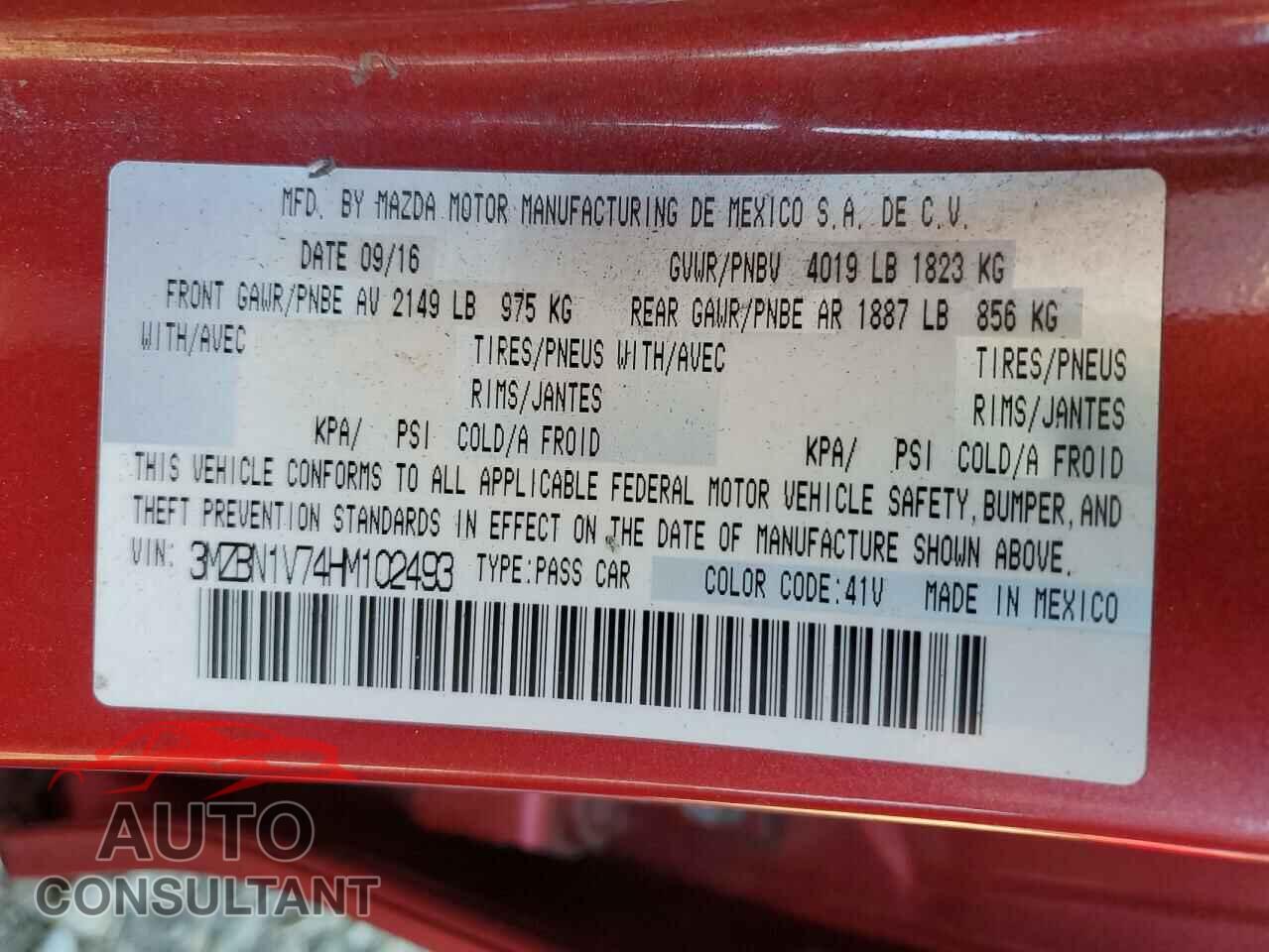 MAZDA 3 2017 - 3MZBN1V74HM102493