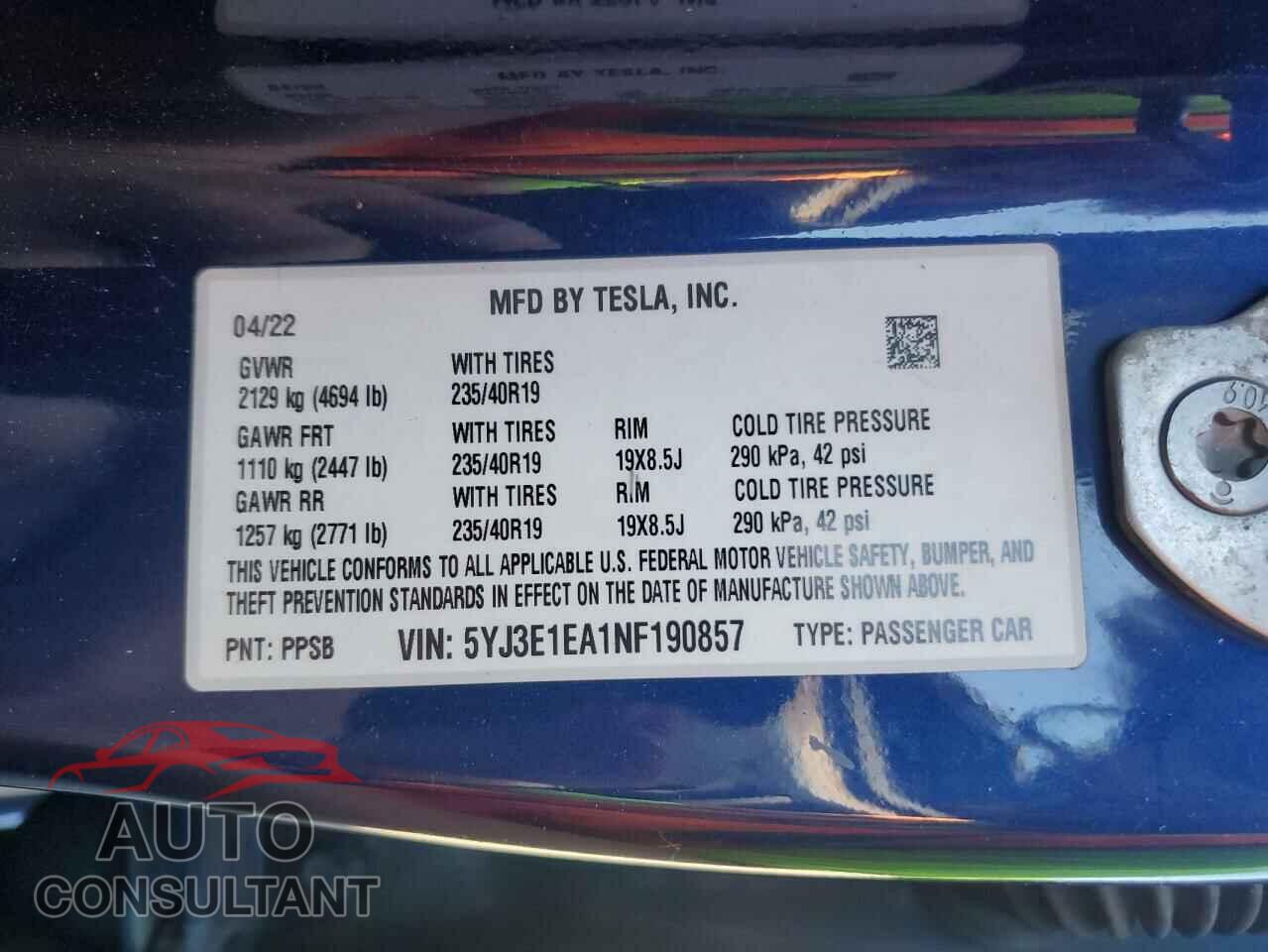 TESLA MODEL 3 2022 - 5YJ3E1EA1NF190857