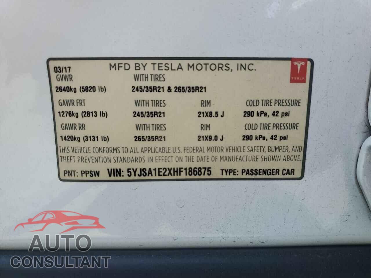 TESLA MODEL S 2017 - 5YJSA1E2XHF186875