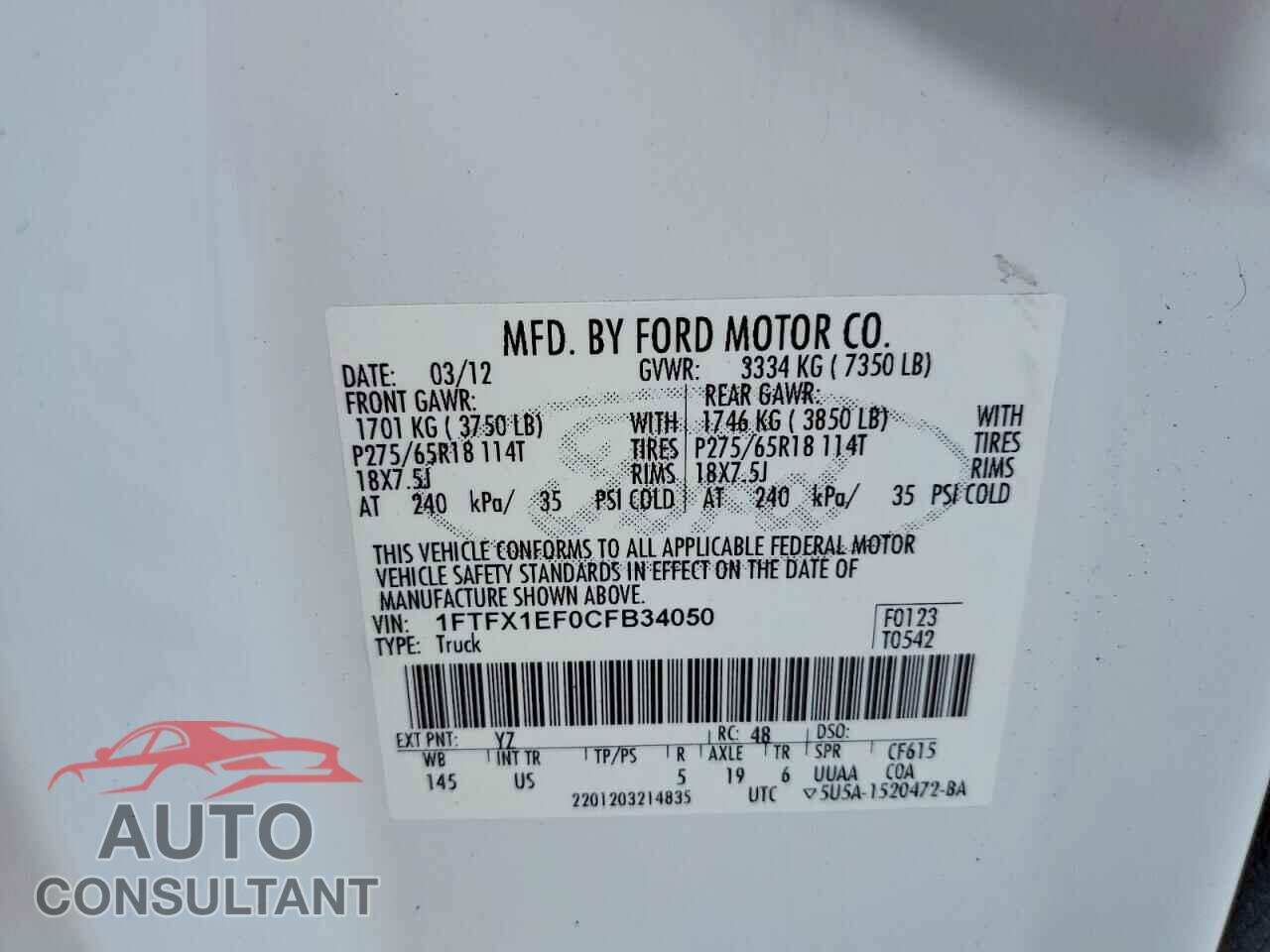 FORD F150 2012 - 1FTFX1EF0CFB34050
