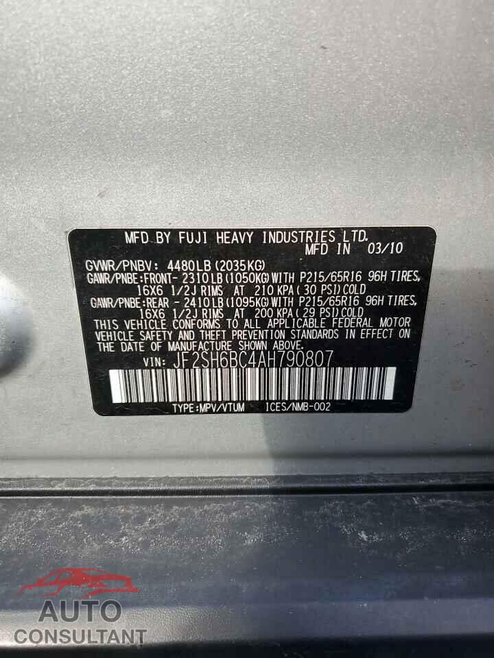 SUBARU FORESTER 2010 - JF2SH6BC4AH790807