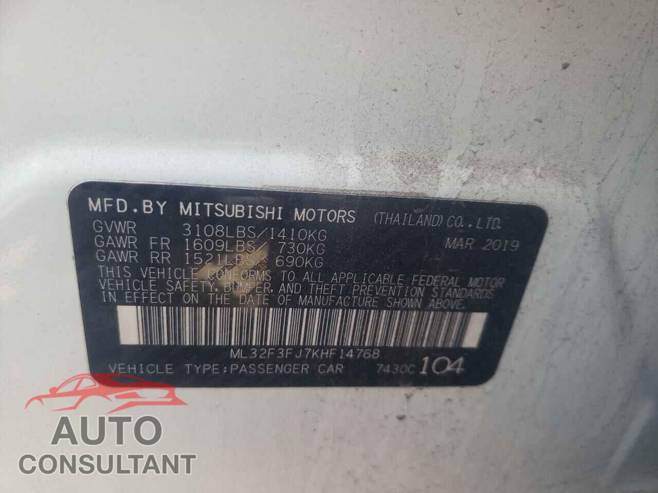 MITSUBISHI MIRAGE 2019 - ML32F3FJ7KHF14768