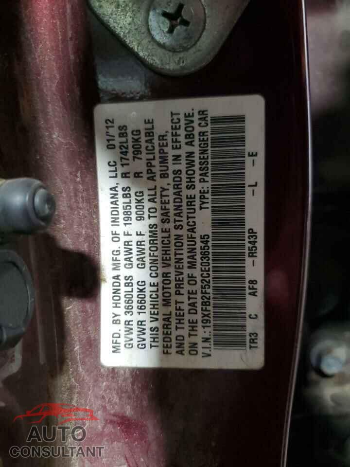 HONDA CIVIC 2012 - 19XFB2F52CE036545