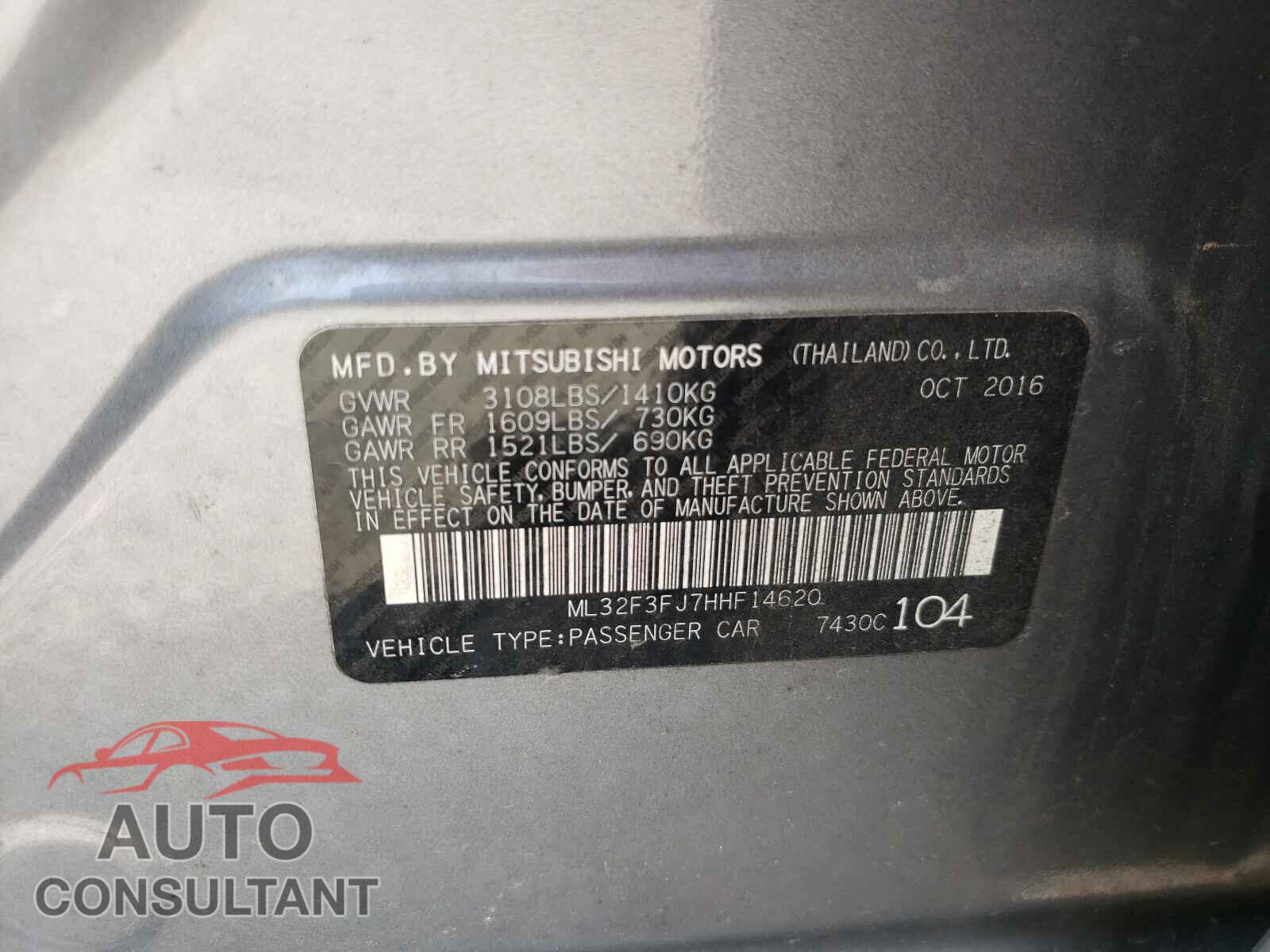 MITSUBISHI MIRAGE 2017 - ML32F3FJ7HHF14620