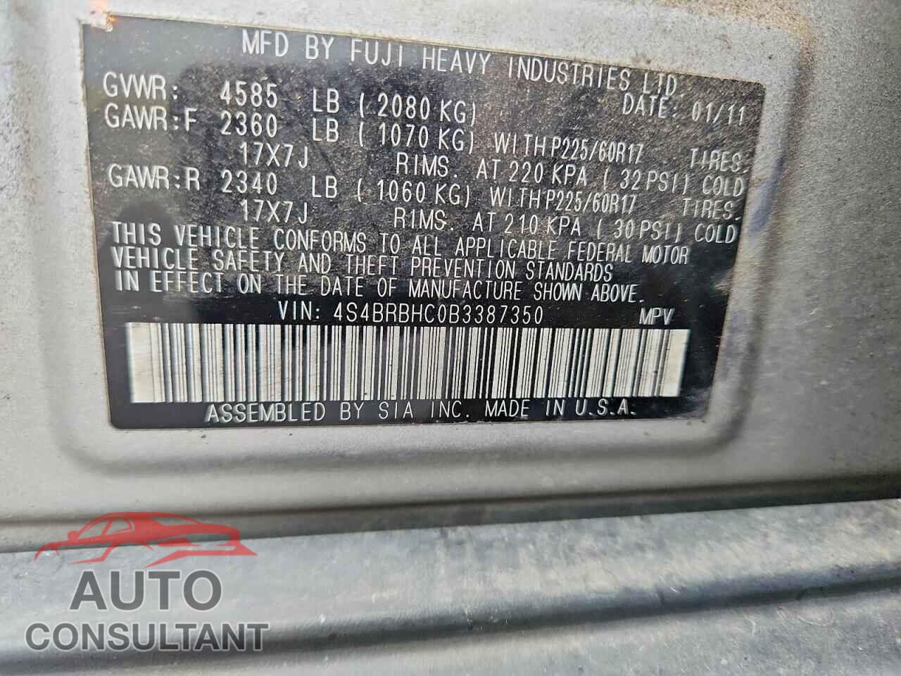 SUBARU OUTBACK 2011 - 4S4BRBHC0B3387350