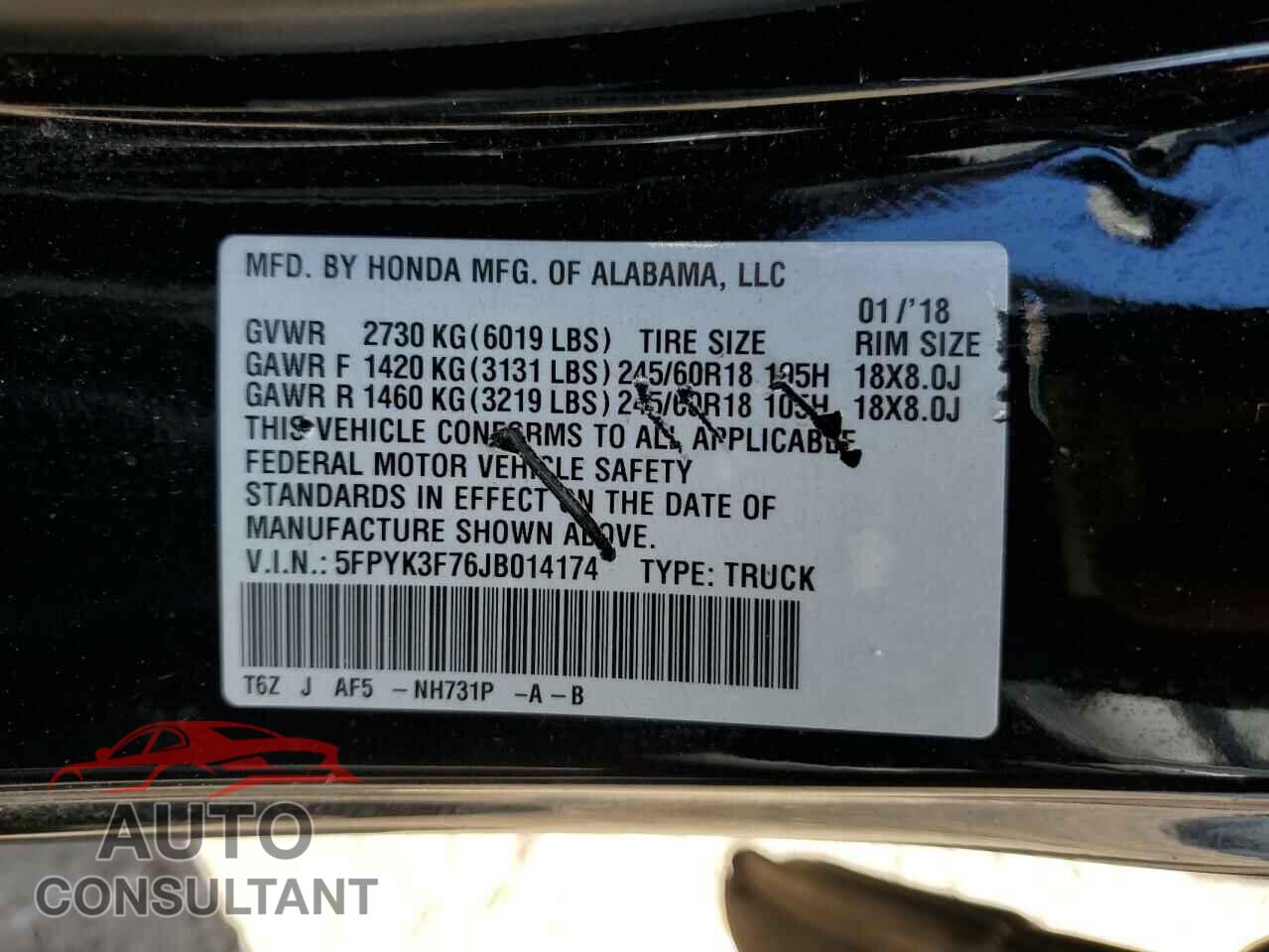 HONDA RIDGELINE 2018 - 5FPYK3F76JB014174