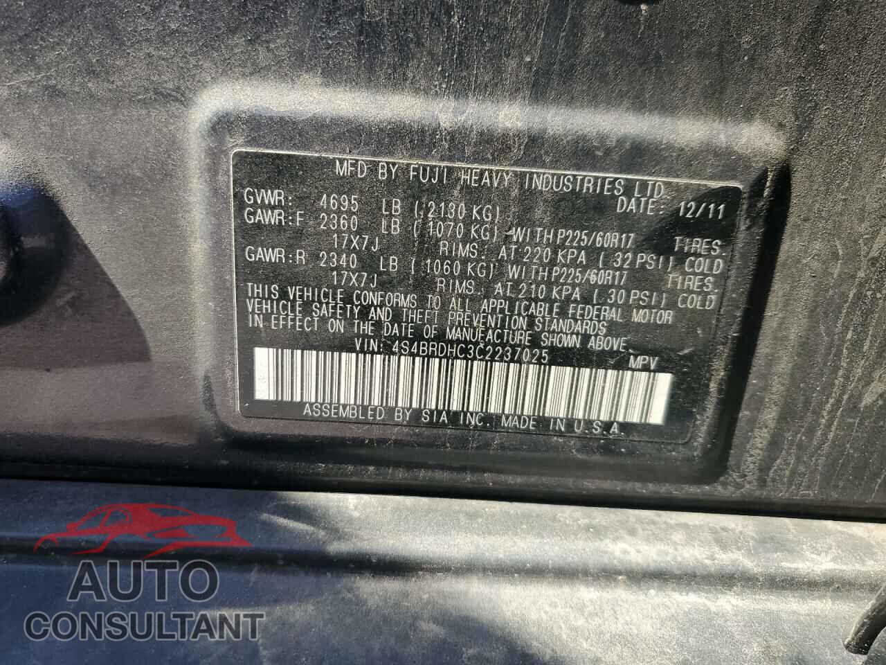 SUBARU OUTBACK 2012 - 4S4BRDHC3C2237025