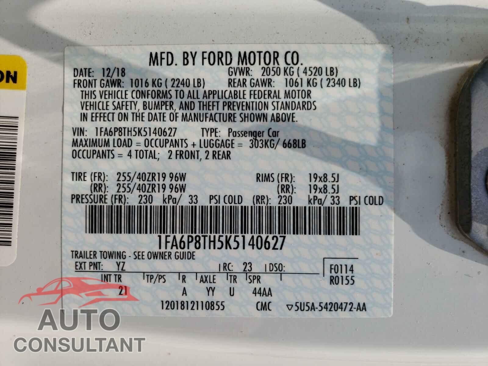 FORD MUSTANG 2019 - 1FA6P8TH5K5140627