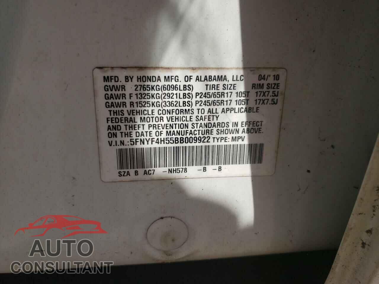 HONDA PILOT 2011 - 5FNYF4H55BB009922
