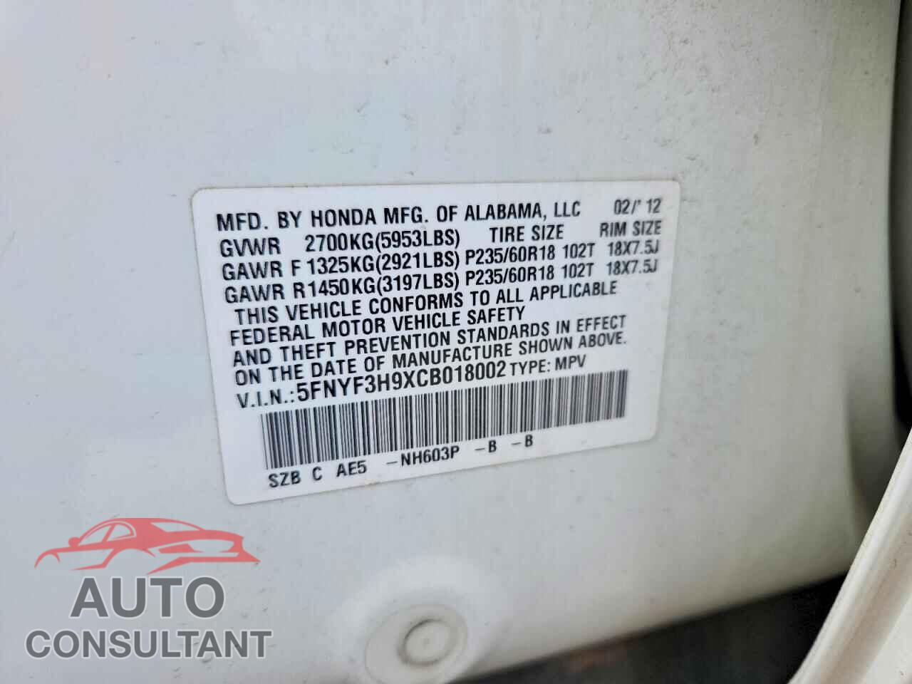 HONDA PILOT 2012 - 5FNYF3H9XCB018002