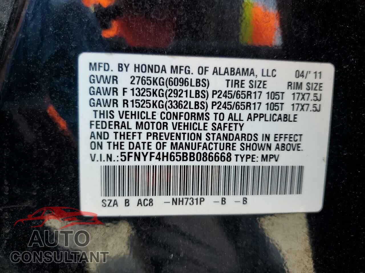 HONDA PILOT 2011 - 5FNYF4H65BB086668