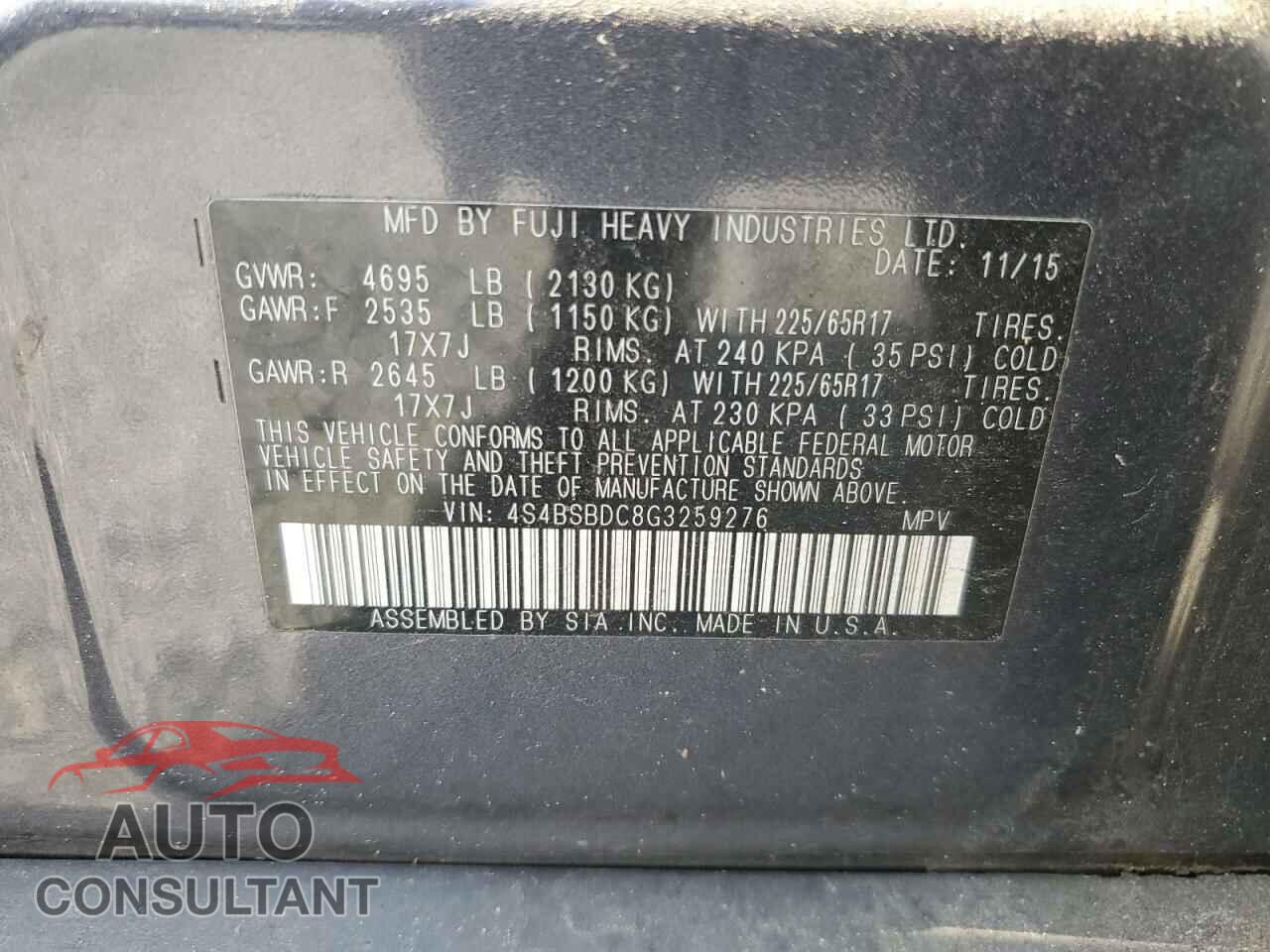SUBARU OUTBACK 2016 - 4S4BSBDC8G3259276