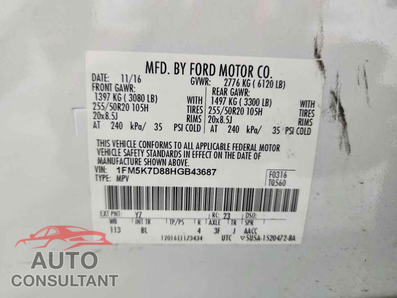 FORD EXPLORER 2017 - 1FM5K7D88HGB43687