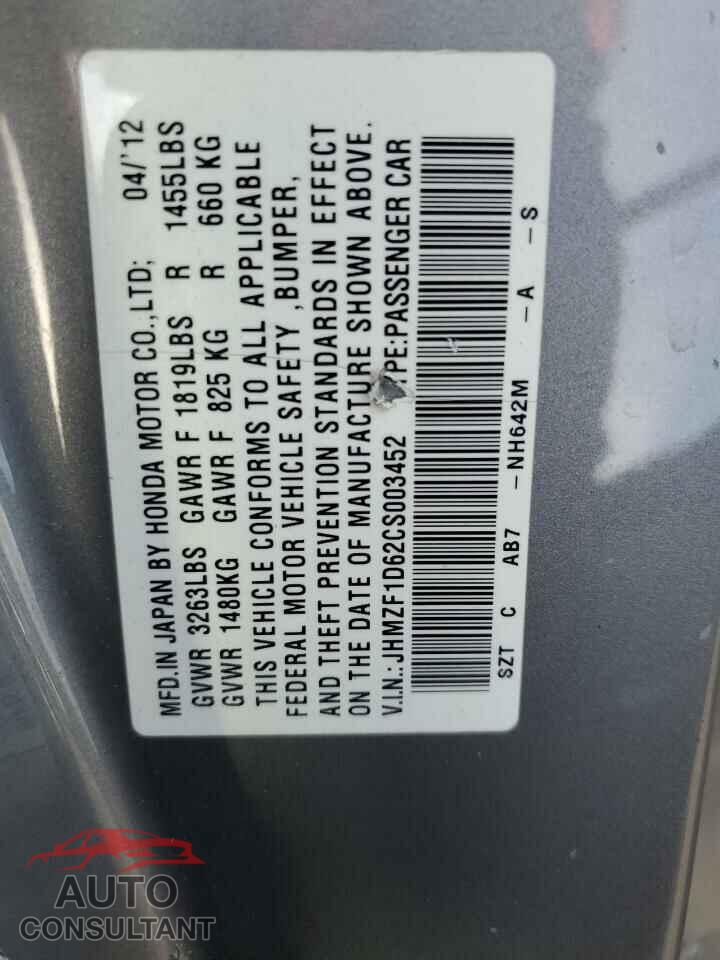 HONDA CRZ 2012 - JHMZF1D62CS003452