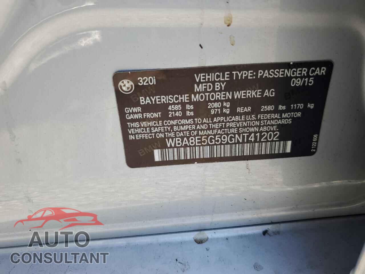 BMW 3 SERIES 2016 - WBA8E5G59GNT41202