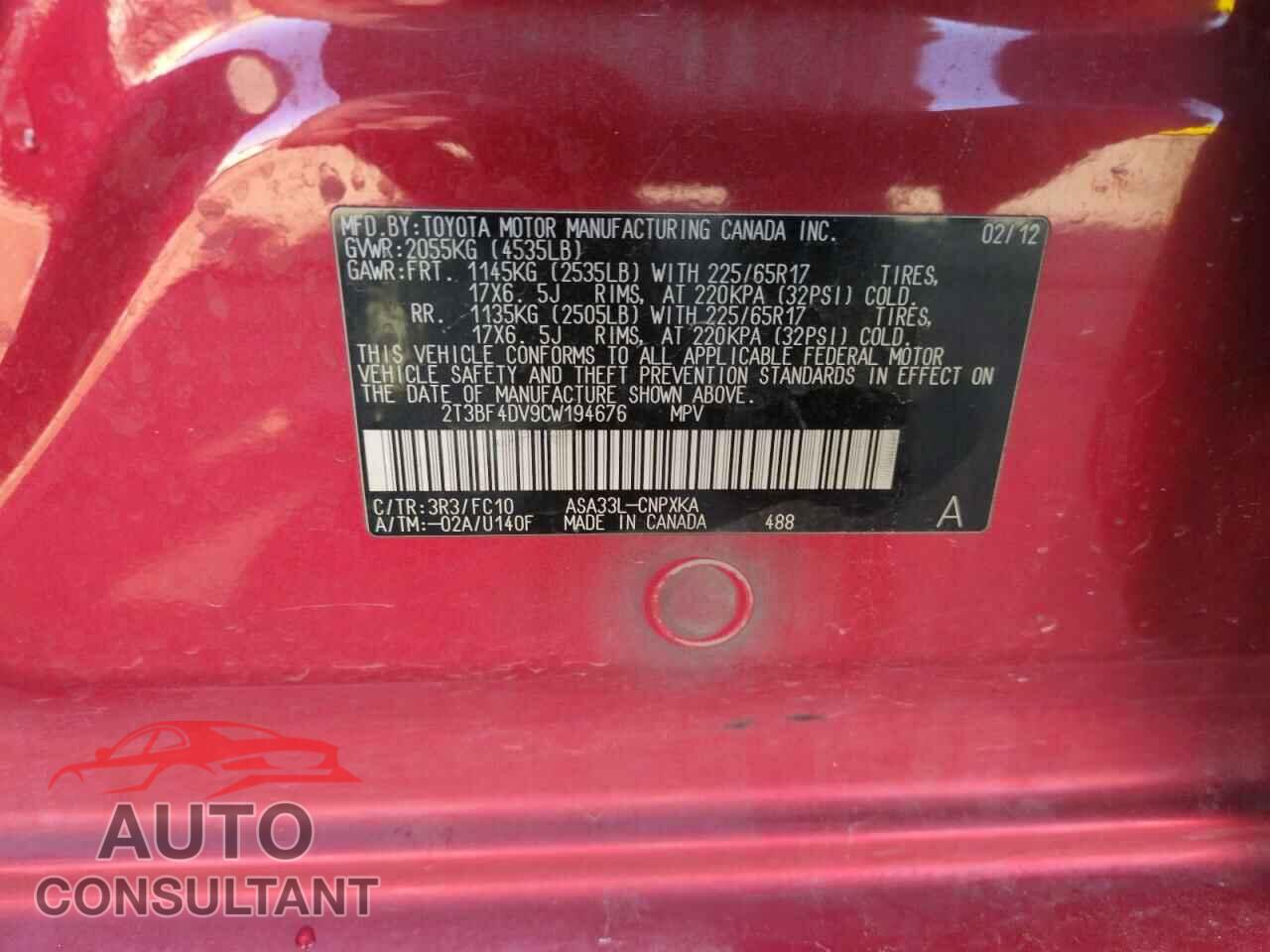 TOYOTA RAV4 2012 - 2T3BF4DV9CW194676
