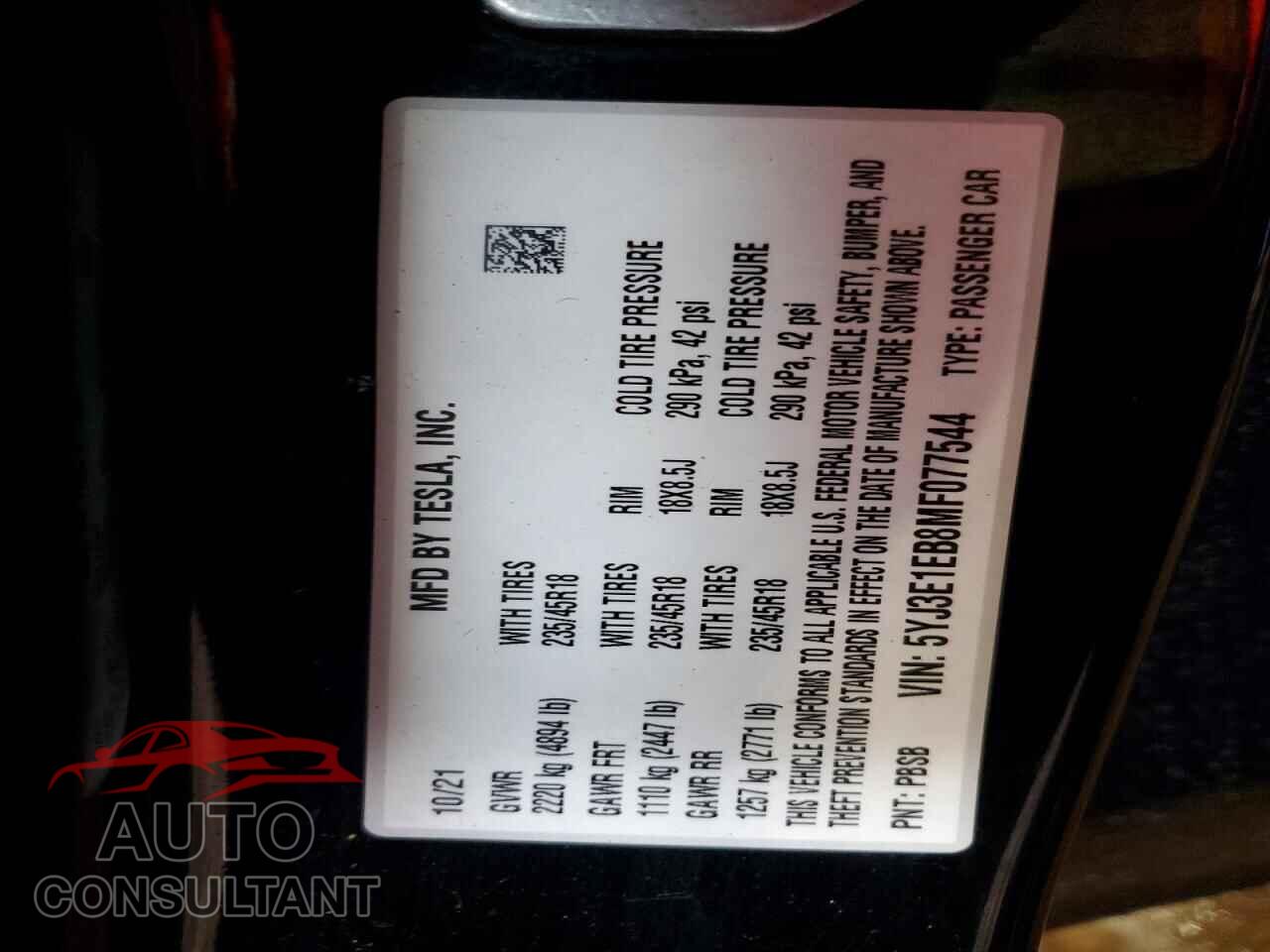 TESLA MODEL 3 2021 - 5YJ3E1EB8MF077544