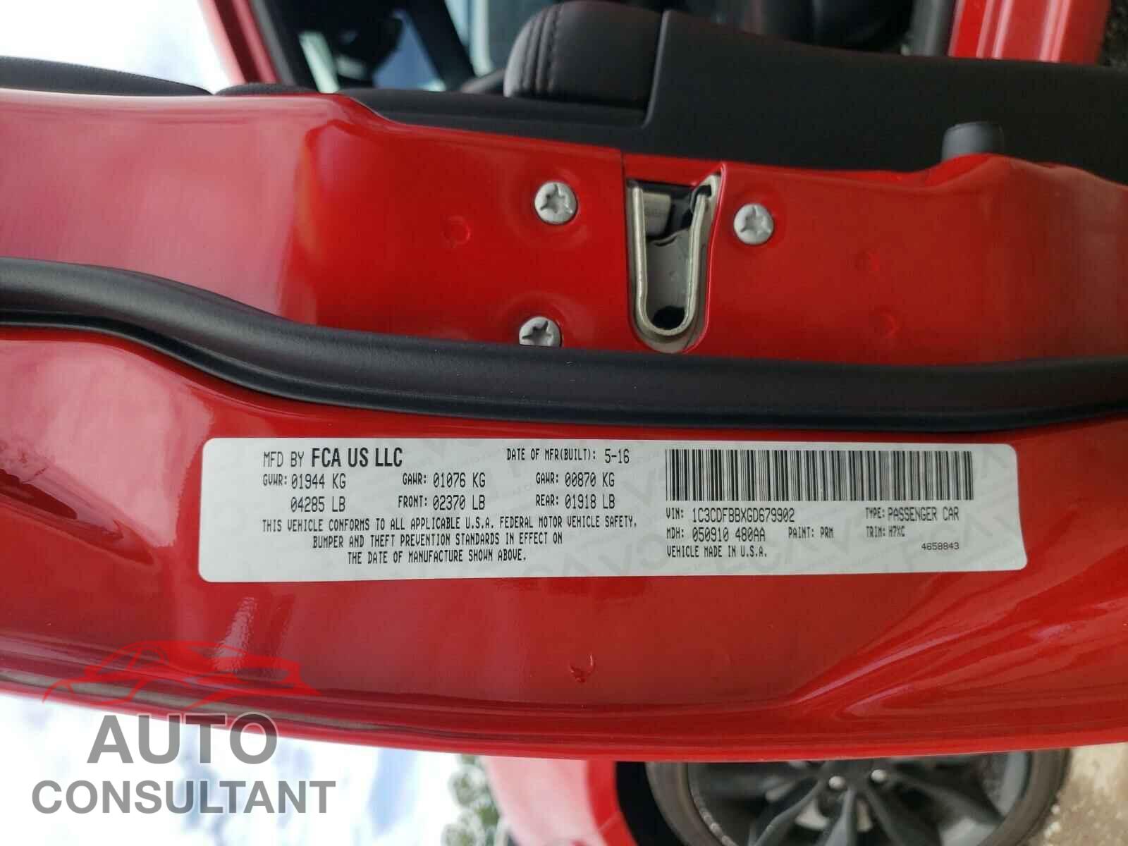 DODGE DART 2016 - 1C3CDFBBXGD679902