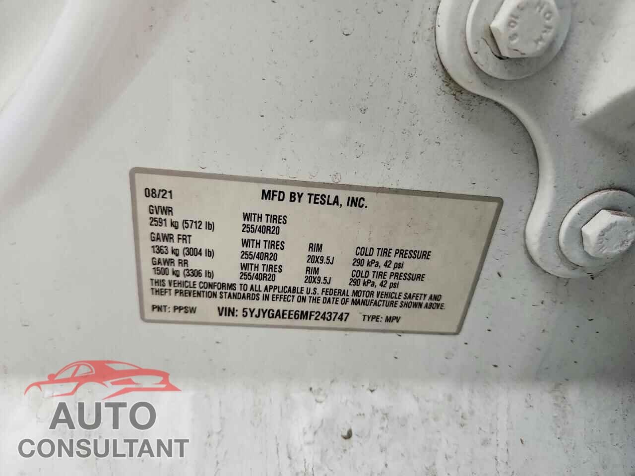 TESLA MODEL Y 2021 - 5YJYGAEE6MF243747