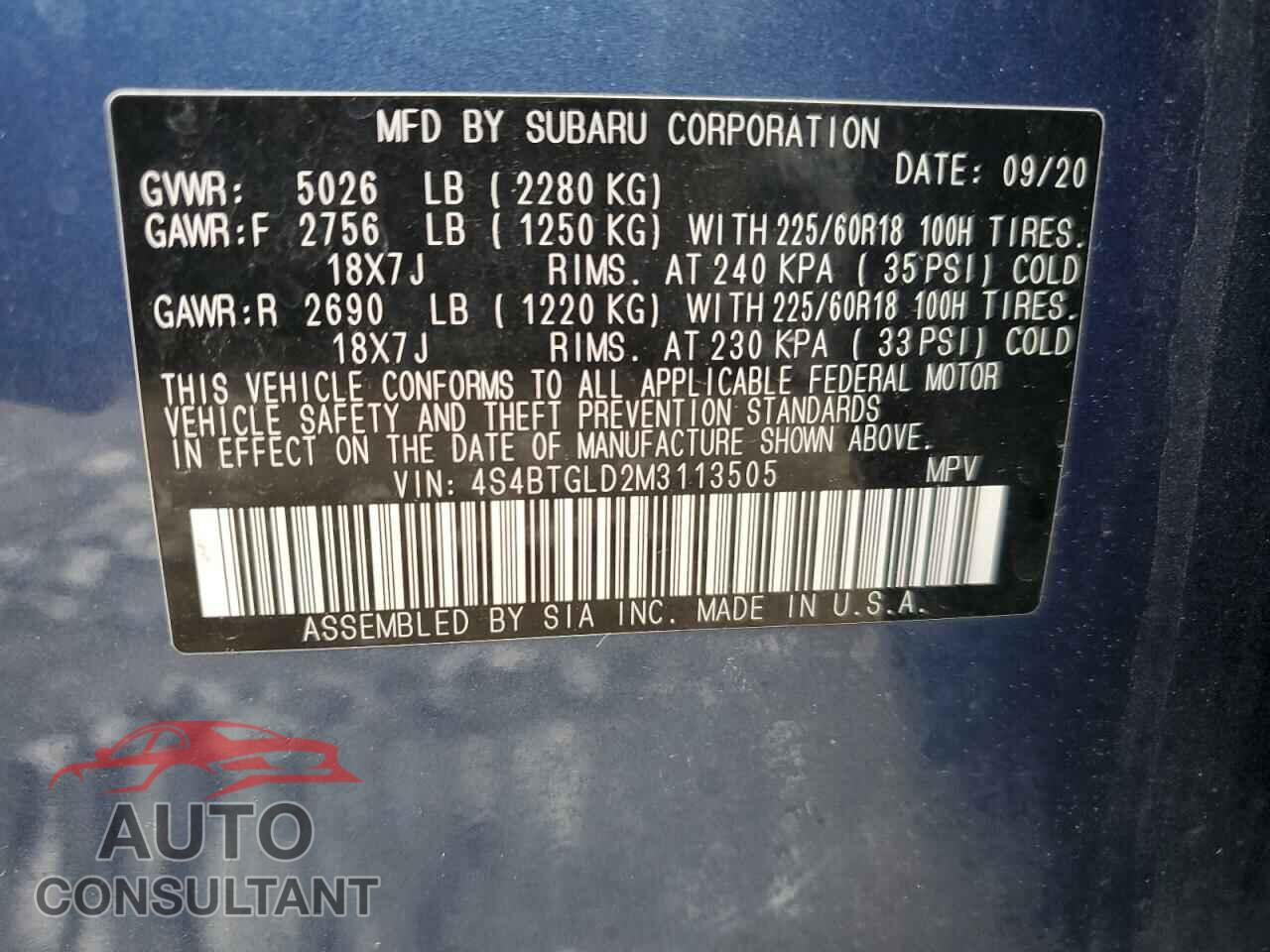 SUBARU OUTBACK 2021 - 4S4BTGLD2M3113505