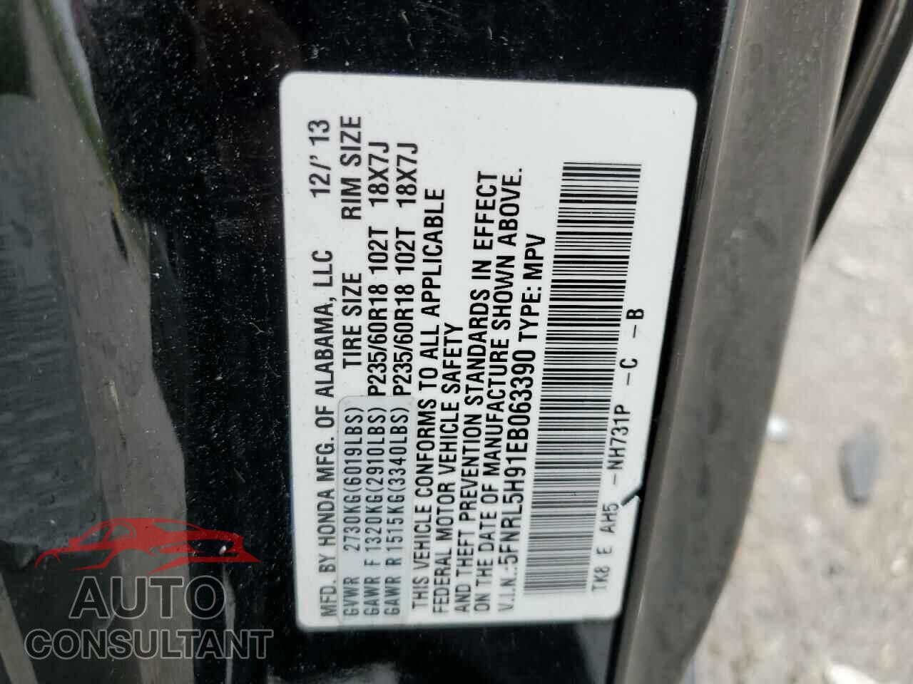 HONDA ODYSSEY 2014 - 5FNRL5H91EB063390