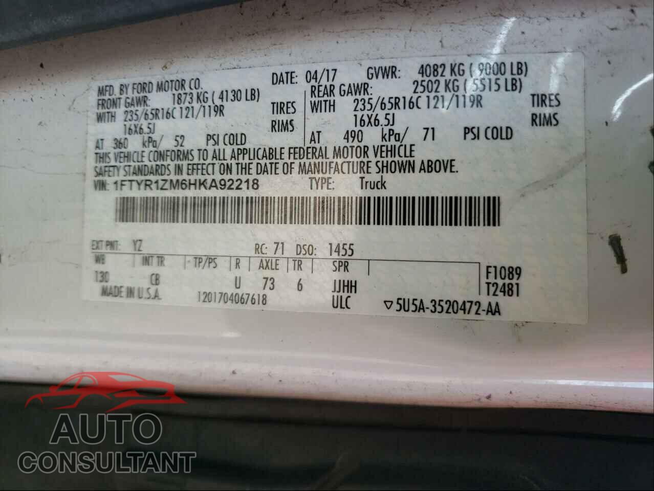 FORD TRANSIT CO 2017 - 1FTYR1ZM6HKA92218