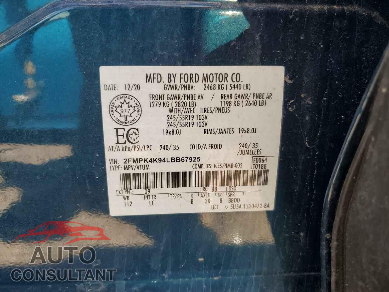 FORD EDGE 2020 - 2FMPK4K94LBB67925