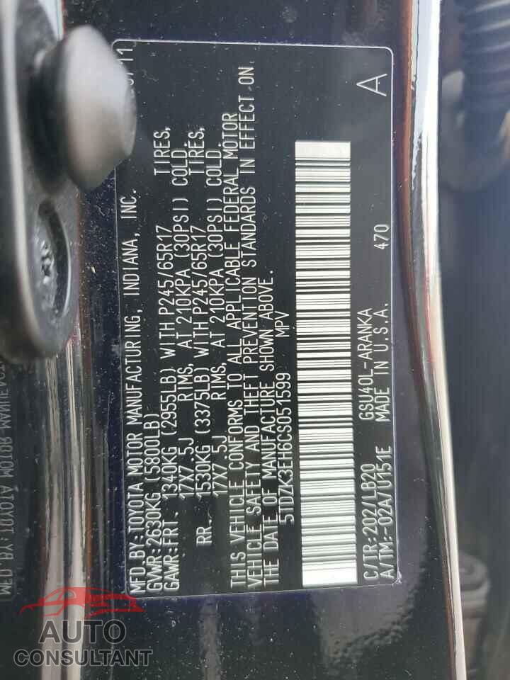 TOYOTA HIGHLANDER 2012 - 5TDZK3EH6CS051599