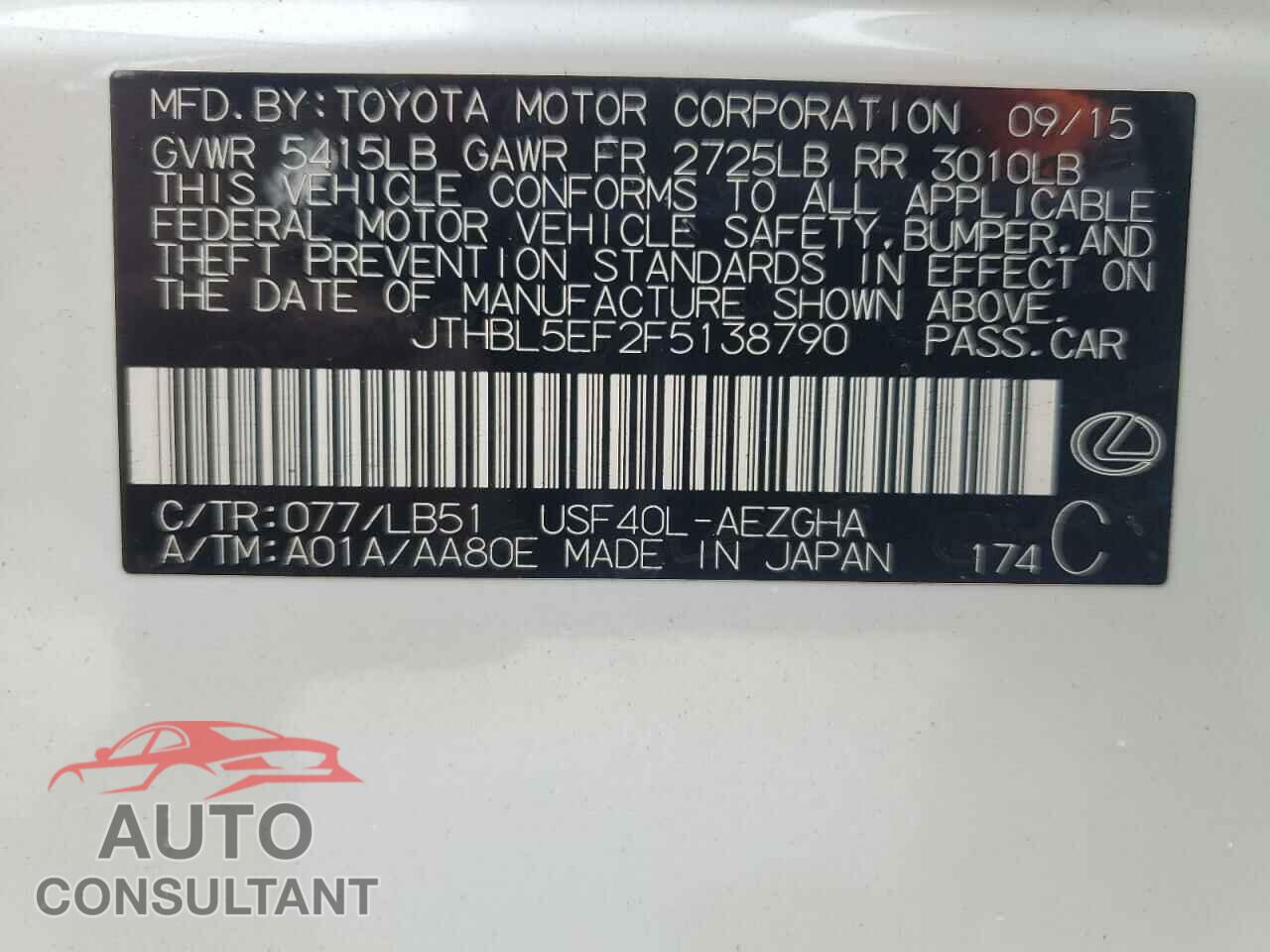 LEXUS LS460 2015 - JTHBL5EF2F5138790