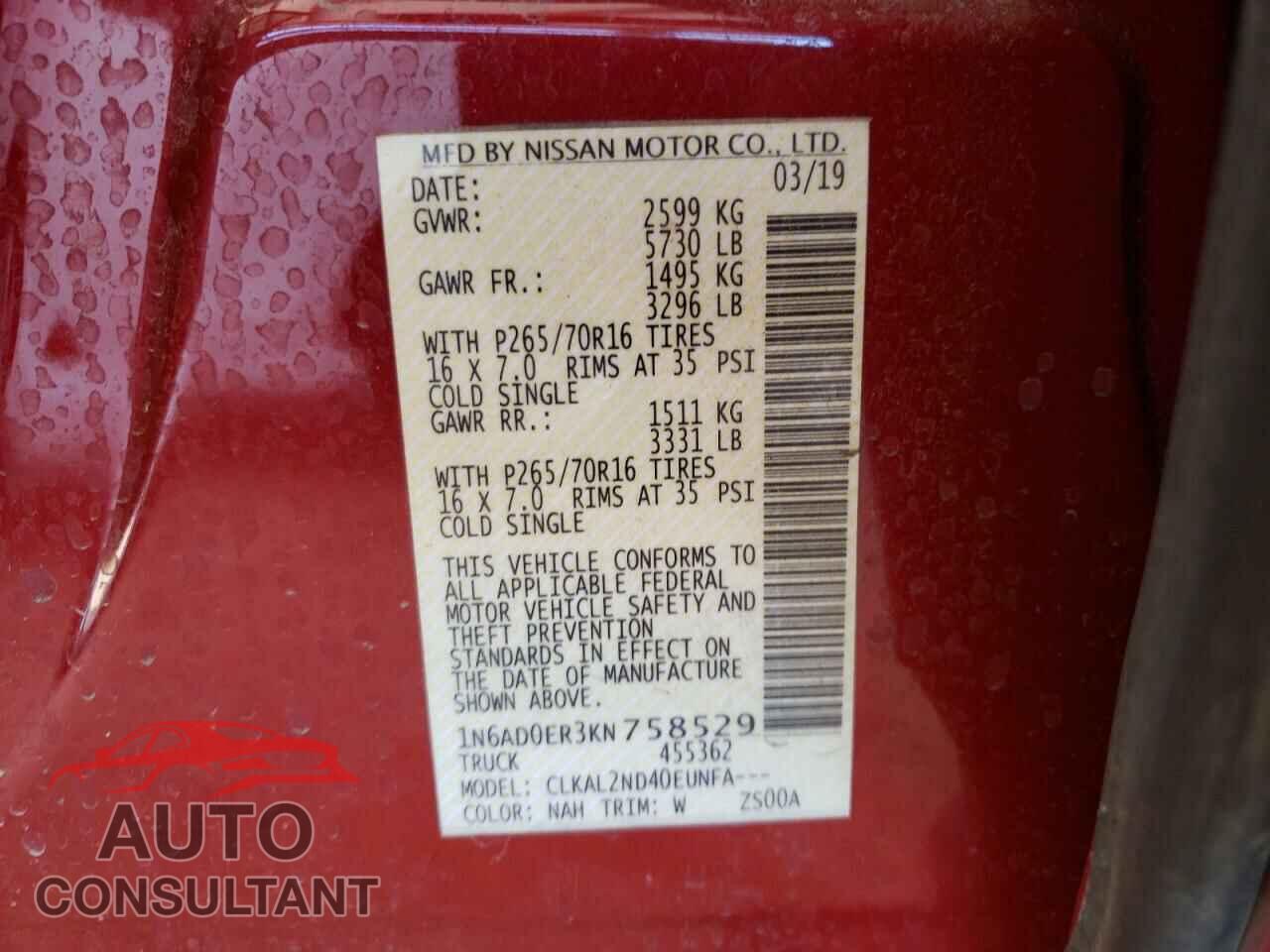 NISSAN FRONTIER 2019 - 1N6AD0ER3KN758529