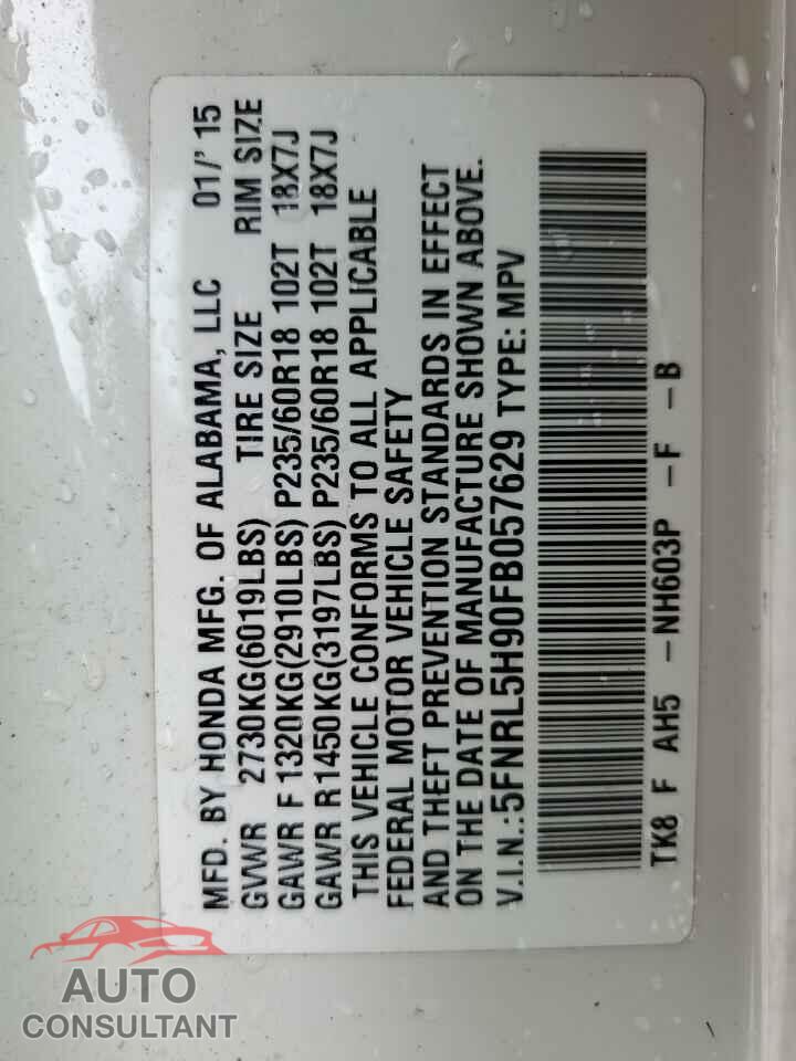 HONDA ODYSSEY 2015 - 5FNRL5H90FB057629