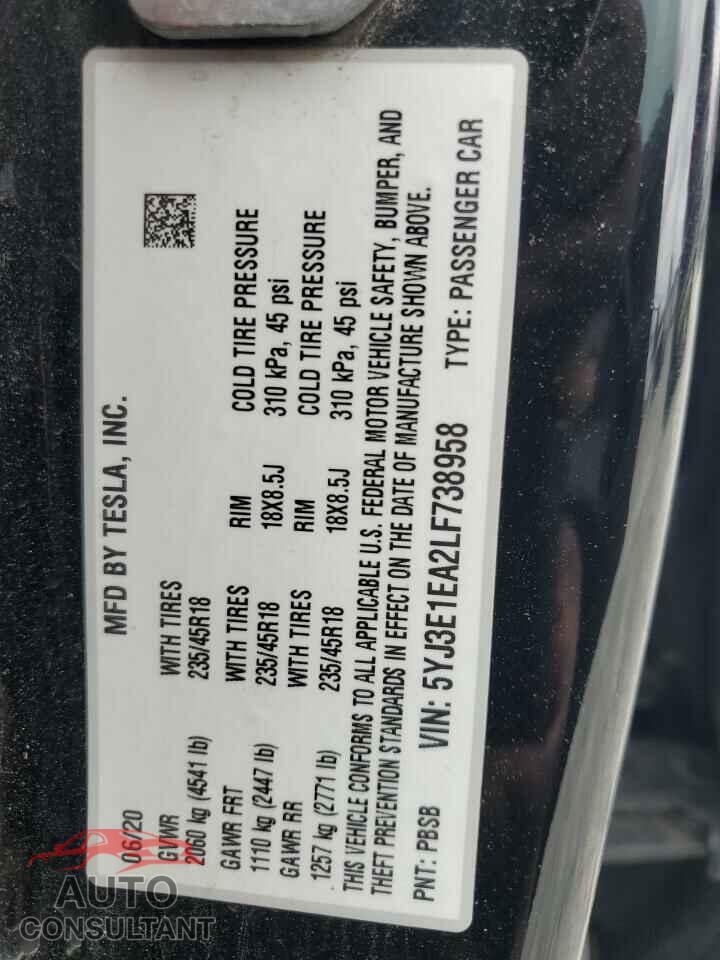 TESLA MODEL 3 2020 - 5YJ3E1EA2LF738958