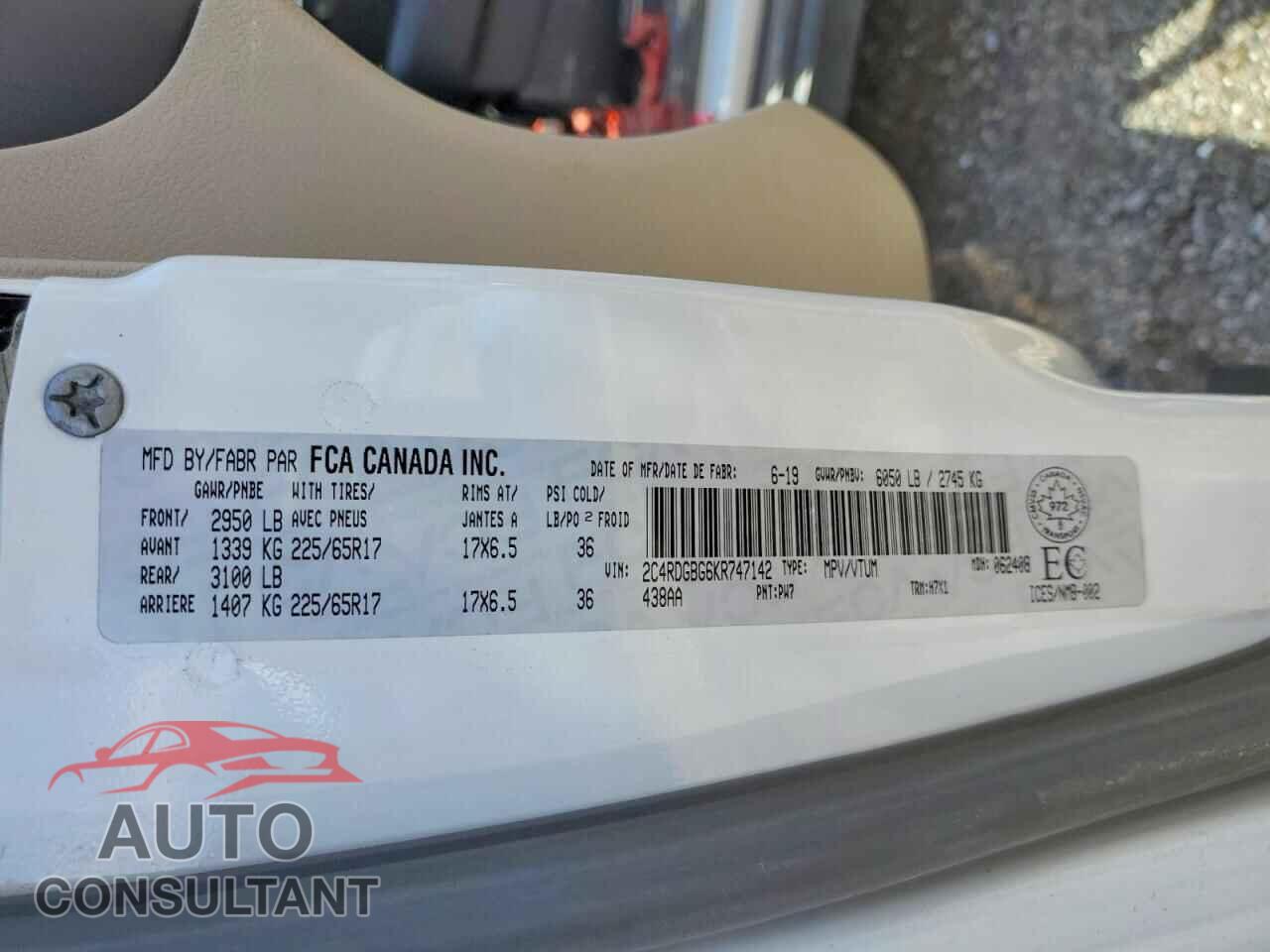 DODGE CARAVAN 2019 - 2C4RDGBG6KR747142