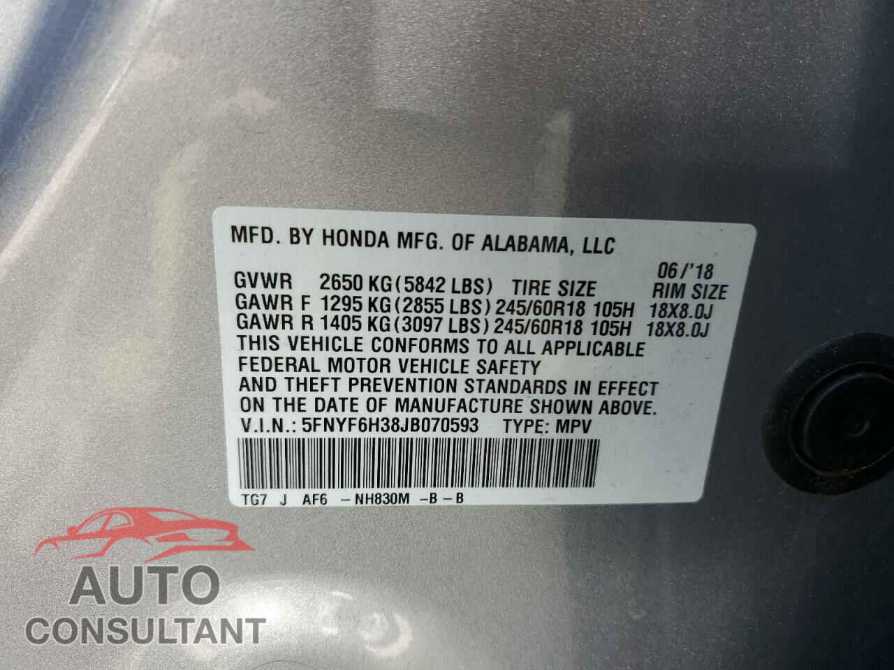 HONDA PILOT 2018 - 5FNYF6H38JB070593
