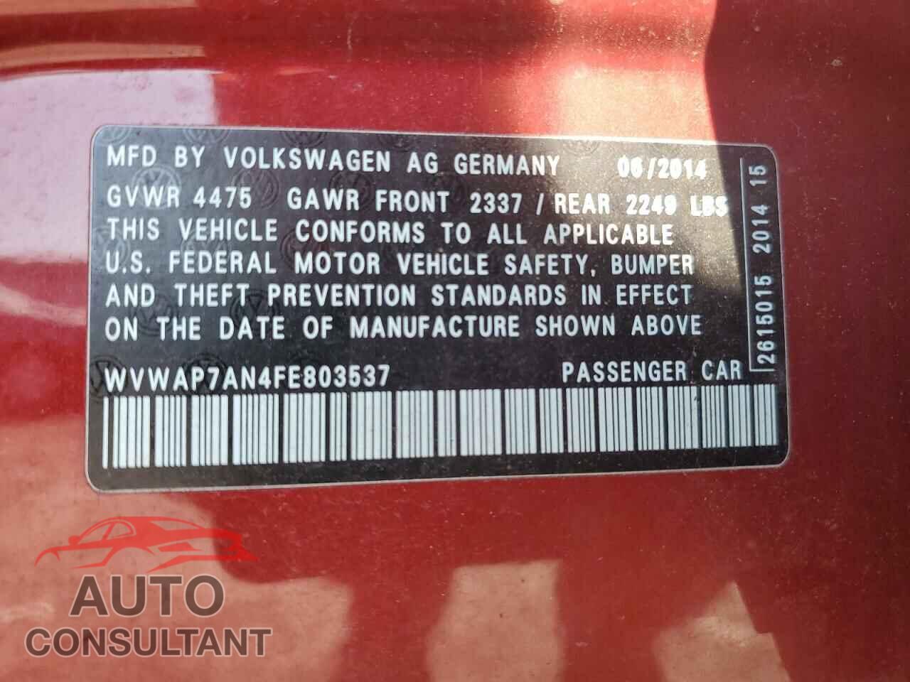 VOLKSWAGEN CC 2015 - WVWAP7AN4FE803537