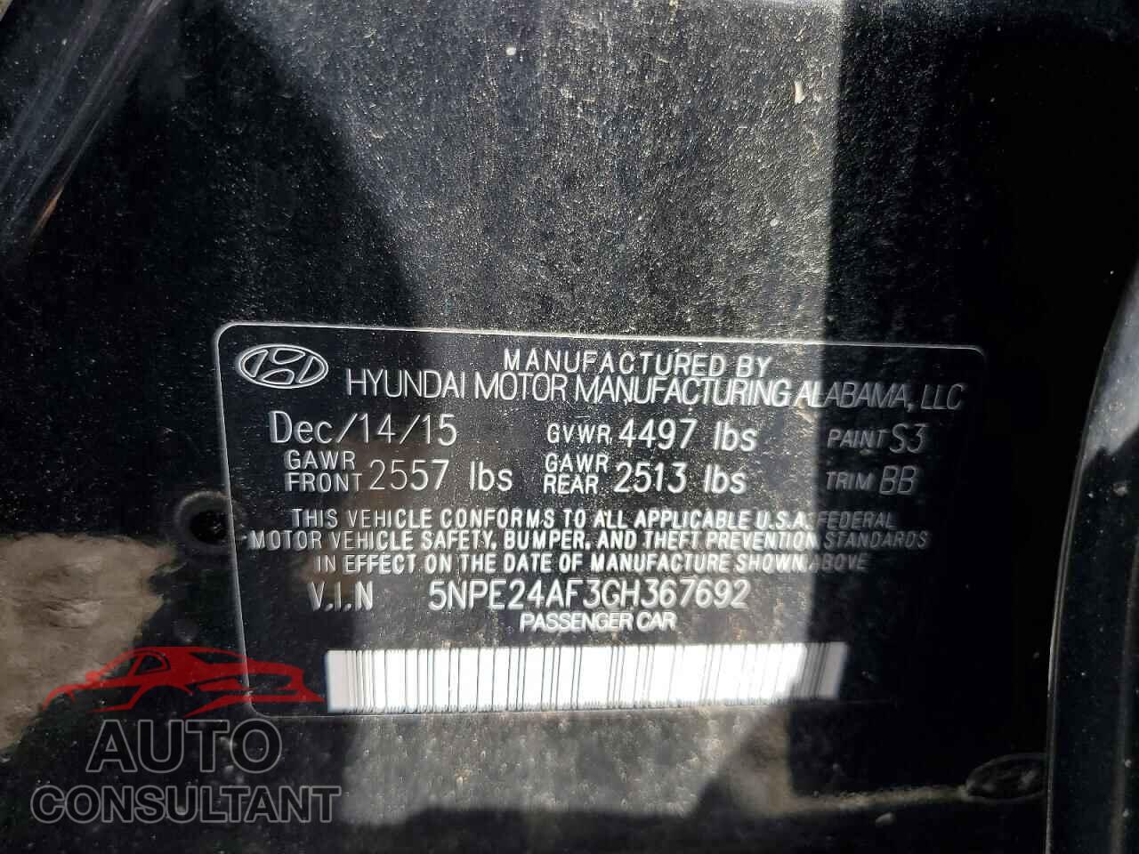 HYUNDAI SONATA 2016 - 5NPE24AF3GH367692