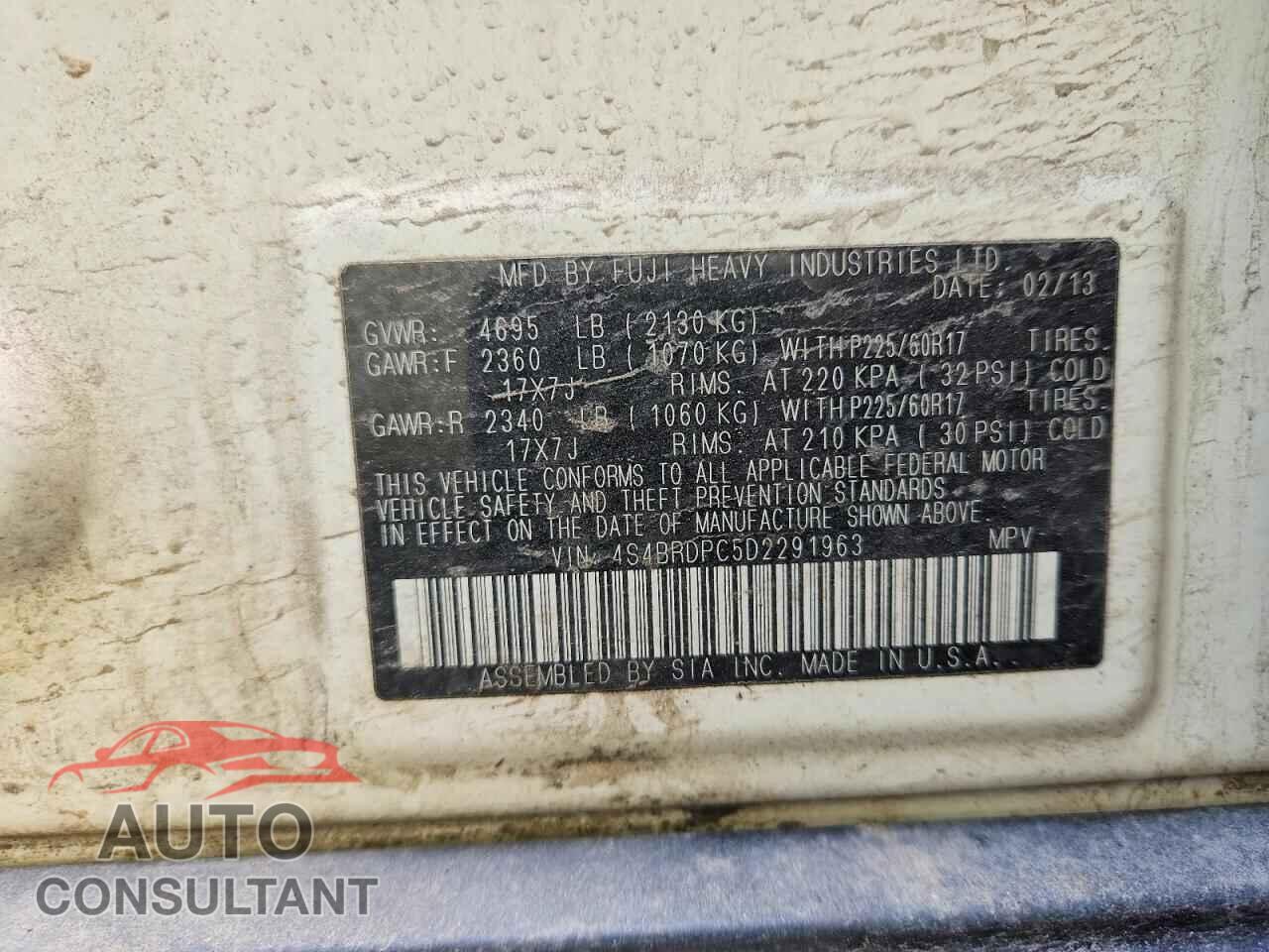 SUBARU OUTBACK 2013 - 4S4BRDPC5D2291963