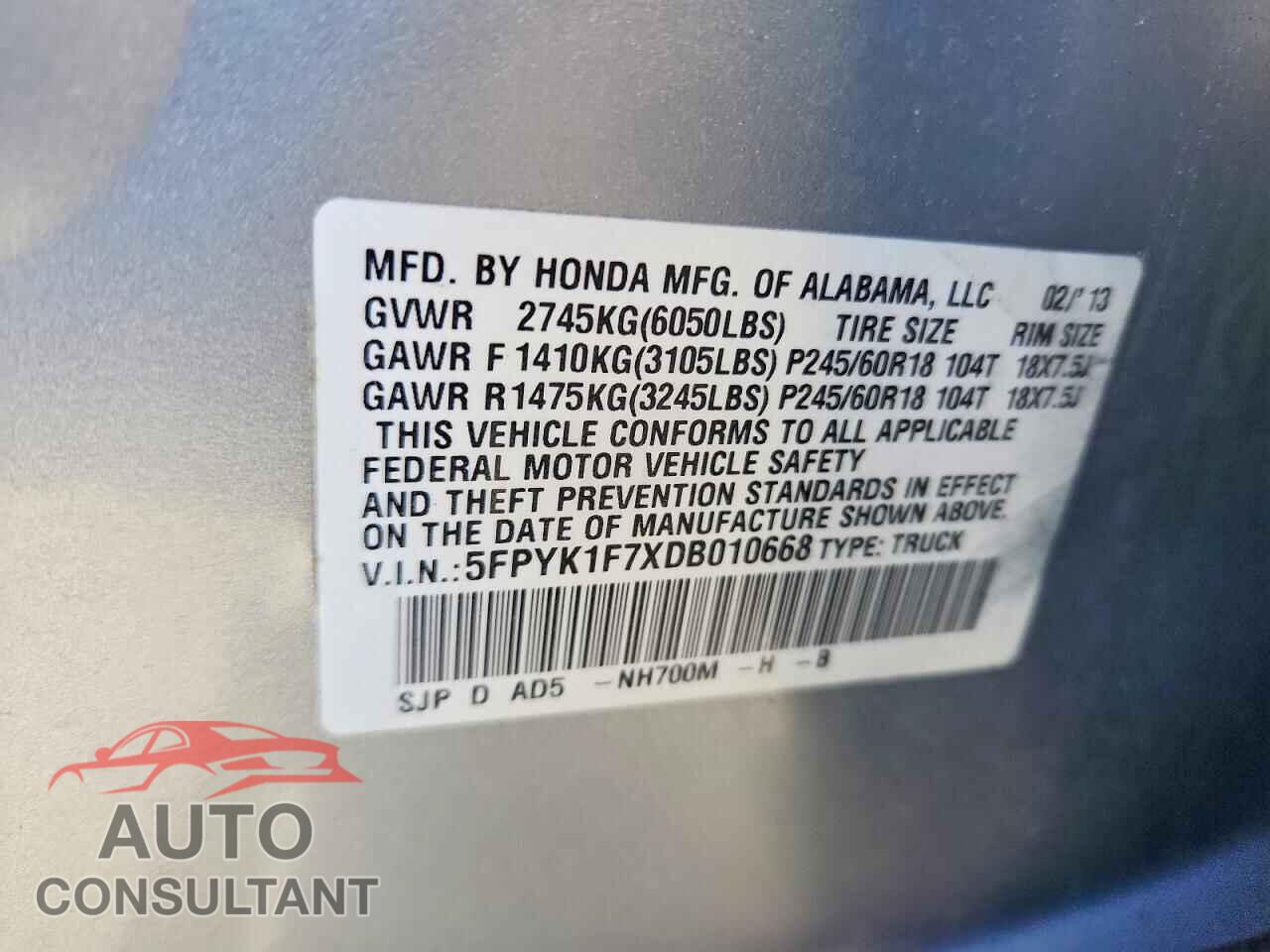 HONDA RIDGELINE 2013 - 5FPYK1F7XDB010668