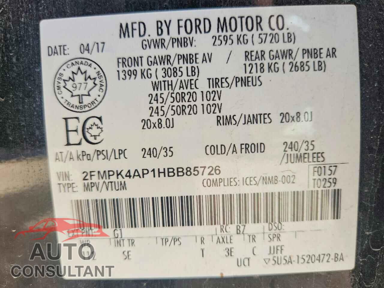 FORD EDGE 2017 - 2FMPK4AP1HBB85726